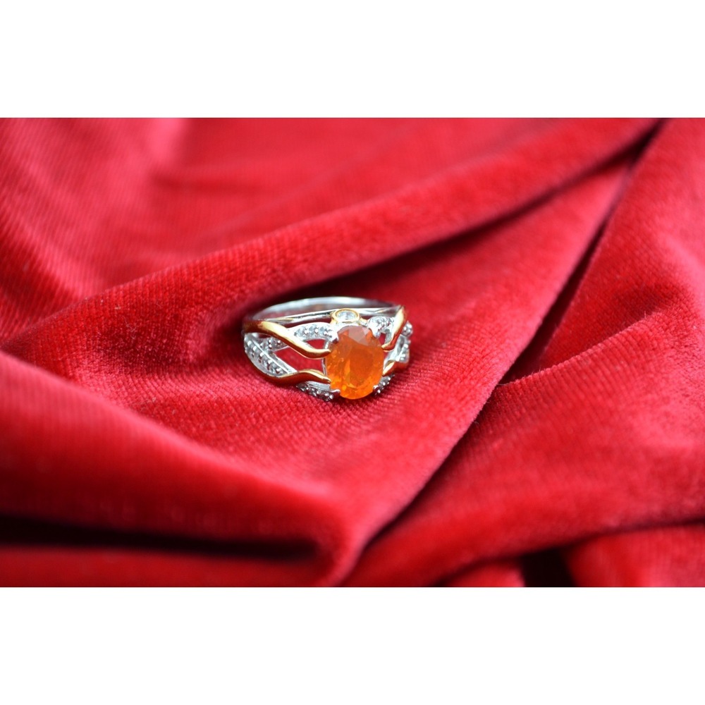 Vintage‎ Sterling Silver Citrine Cubic Zirconia Floral Ring Two Tone Gold Size 7